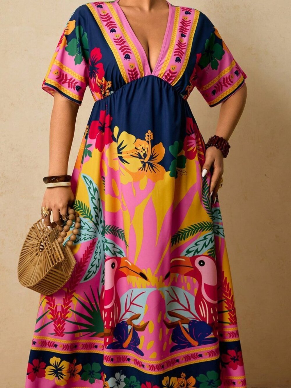 Multicolor Boho Women's Plus Size Tropical Print V-Neck Short Sleeve maxi Dress - Picture 7 of 7
